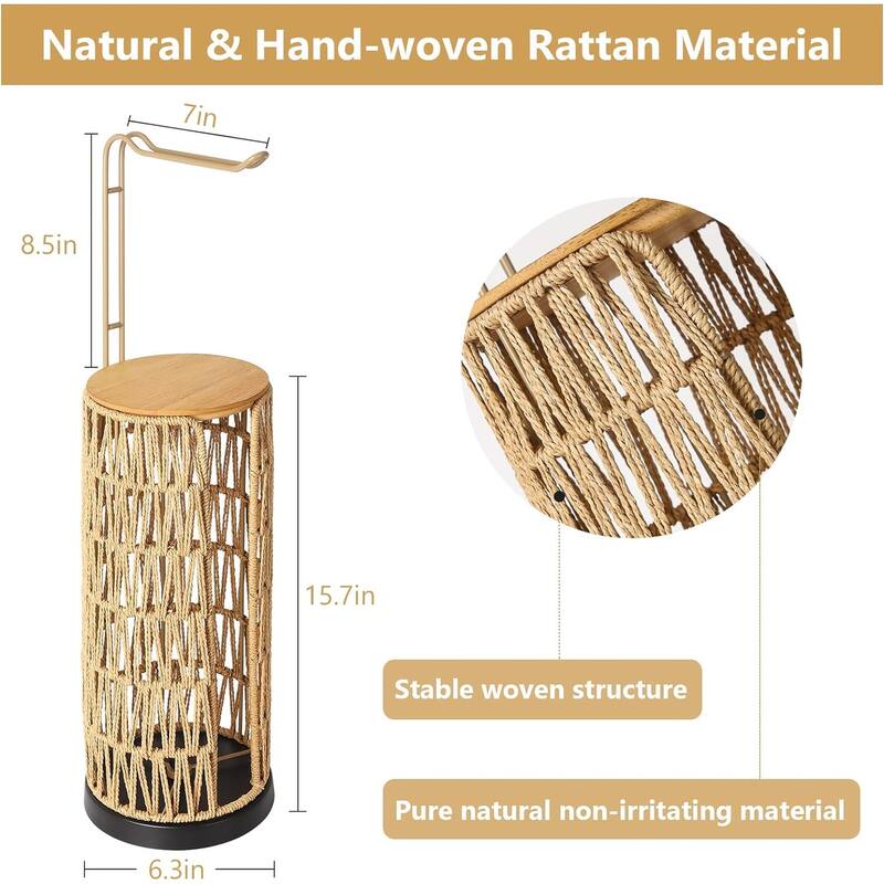Freestanding Rattan Toilet Paper Holder with Storage, Handmade Woven Toilet Paper Roll Holder Stand
