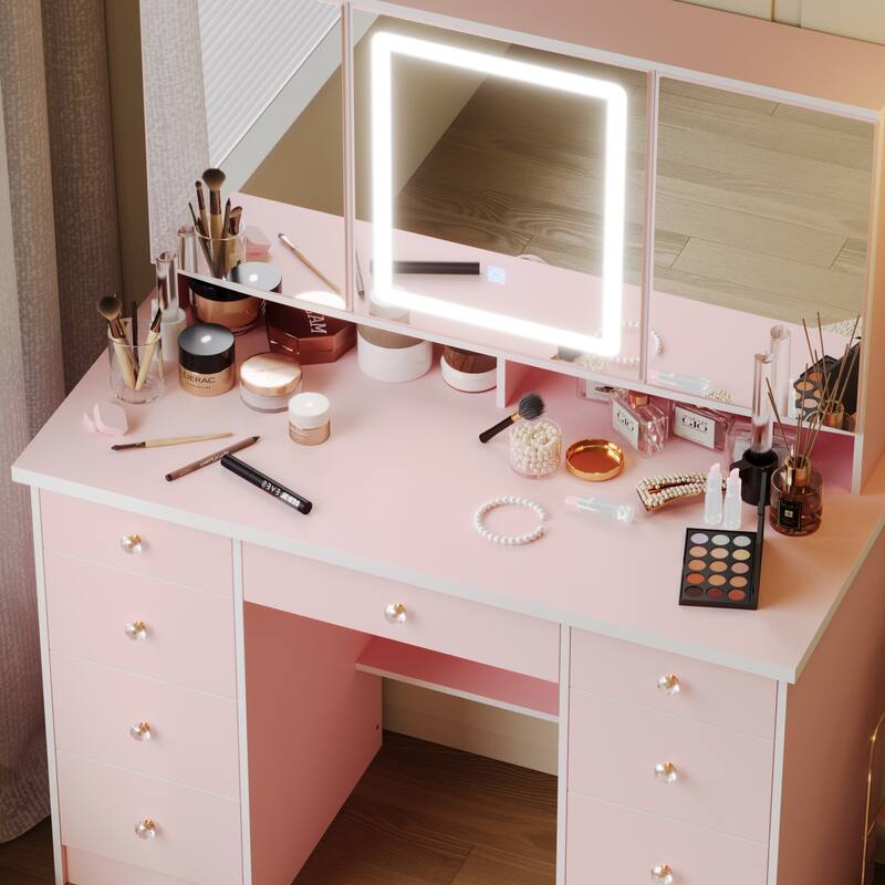 9-Drawer Vanity Set with Crystal Pulls and Versatile Mirror Lighting