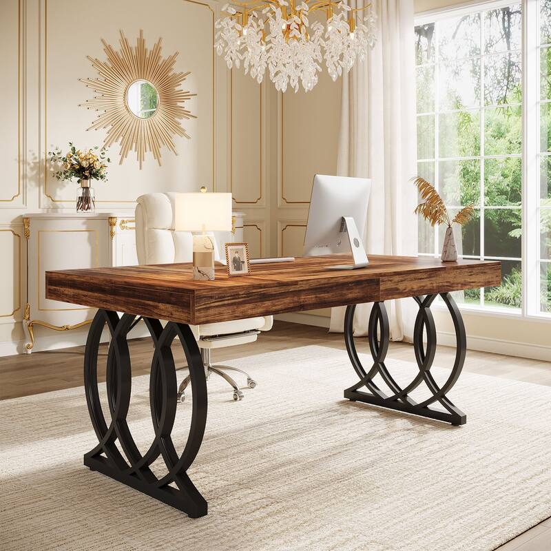 63 Inch Modern Computer Desk, White and Gold Office Executive Desk