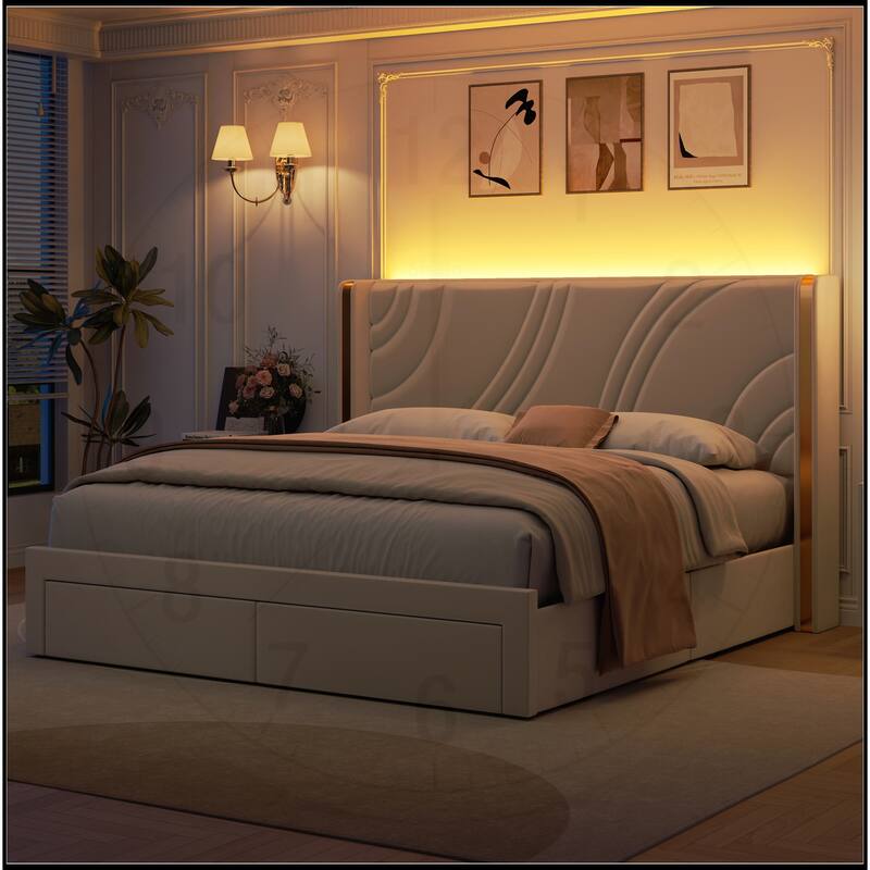 Velvet LED Bed Frame with Storage Drawers - Beige - Queen