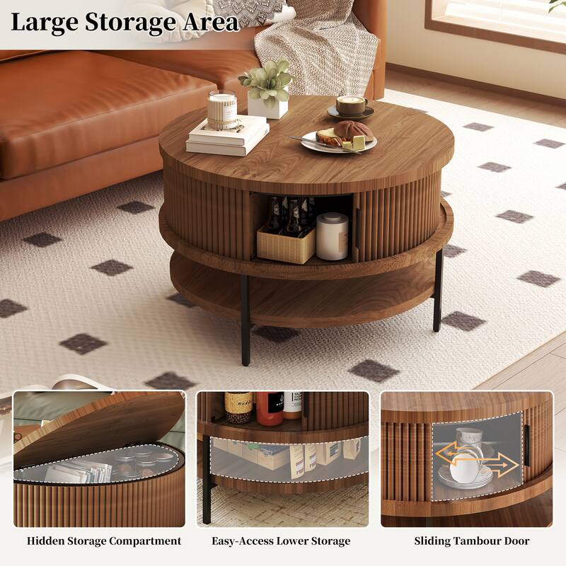 Flip-Top Round Coffee Table with Storage for Living Room, 31.5" Farmhouse Style Center Table with Sliding Doors