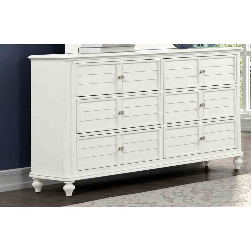 Transitional Antique White Finish 4 PC Bedroom Furniture Set Louvered Headboard Bed