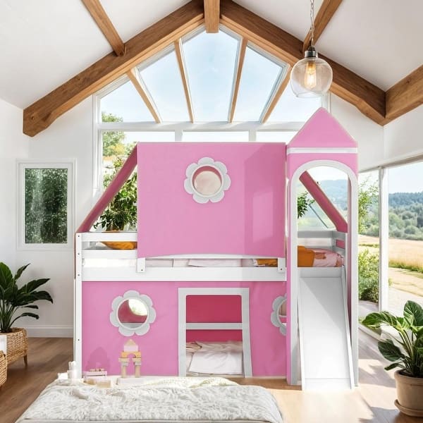 slide 2 of 10, Playhouse Inspired Full Size Loft Bed with Slide Blue Tent and Tower, sturdy construction & Unique Design, Pink Pink