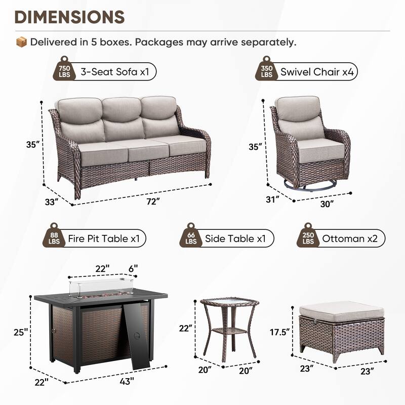 Pocassy Patio Sofa Swivel Chairs Ottoman w/ 43in Fire Table Set