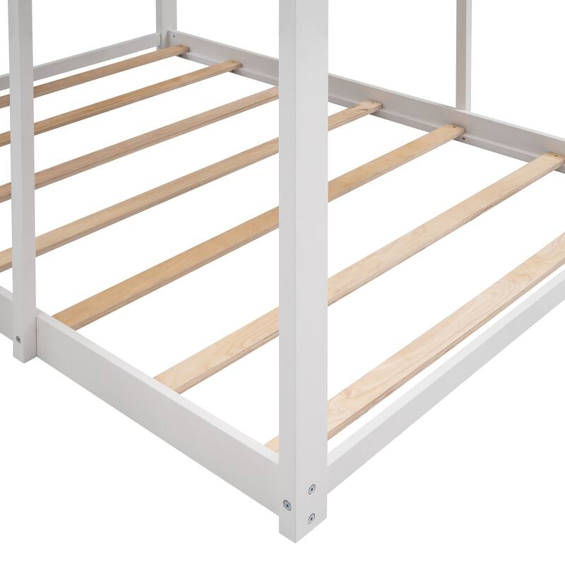 Full Over Full WoodBunk Bed with Roof, Window, Guardrail, Ladder