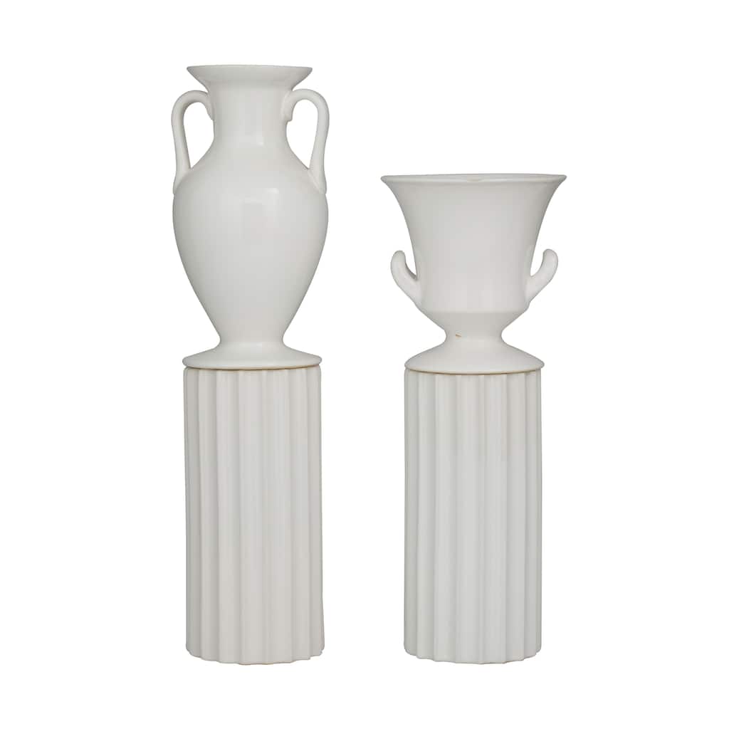 Porcelain Ceramic Greek Inspired Vase - Set of 2 White - Roche River Decor - 4"W x 4"L x 16"H