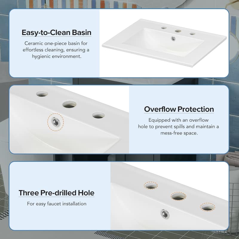 24" Freestanding Bathroom Vanity with Ceramic Sink, Soft-Close Doors and Solid Wood Frame, Space-Saving Modern Cabinet