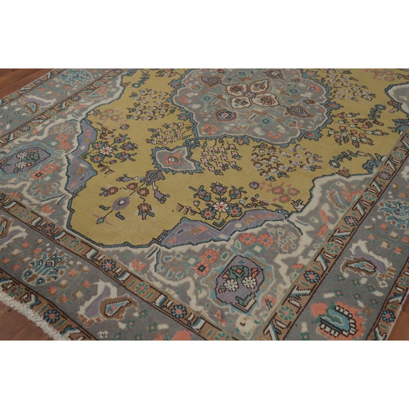 Tabriz Persian Vintage Rug Traditional Yellow Handmade Wool Carpet - 6'3" x 9'4"
