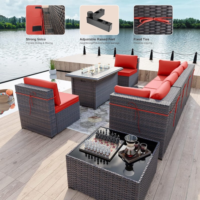8 Pieces Outdoor Patio Furniture Set, All Weather PE Wicker Sectional Conversion Sofa set w/ Firepit Table