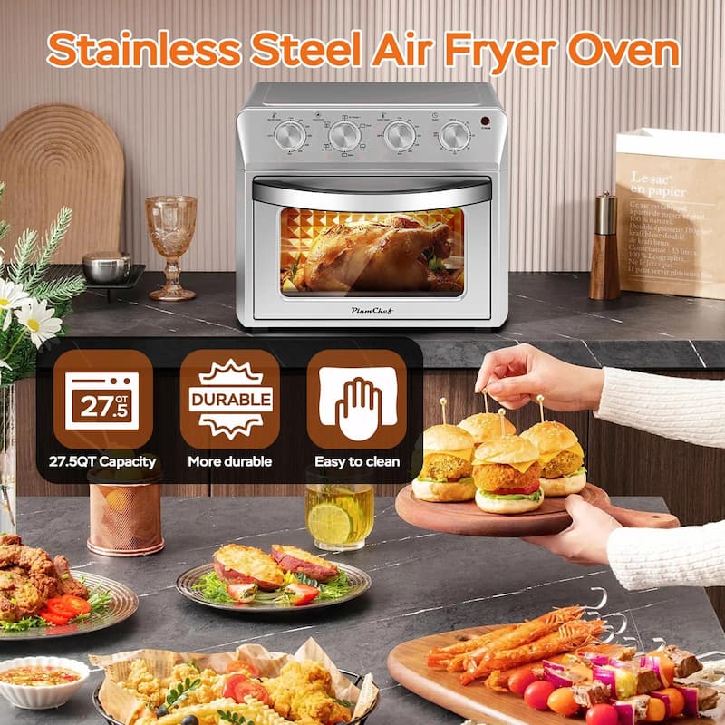 Plum Chef Air Fryer Oven 27.5QT, 6-in-1 Countertop Oven - Air Fry, Bake, Broil, Toast, Warm, Dehydrate, 4 Knob Control, 1600W