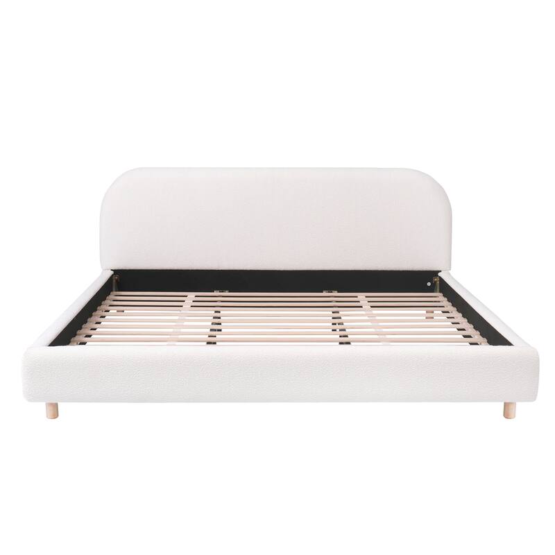 King Size Boucle Upholstered Platform Bed with Curved Headboard and Metal-Reinforced Frame