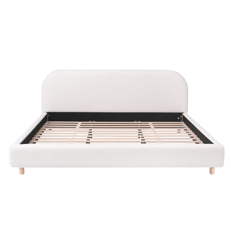 King Size Platform Bed with Boucle Fabric, Boucle Fabric Upholstered Platform Bed with Curve-Shaped Design Headboard, White