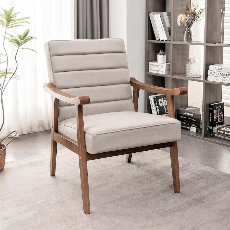 Mid Century Modern Accent Chair with Plush Foam, Leather-Look Microfiber Seat and Back Cushions - Beige