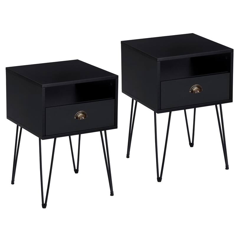 Javlergo Set of 2 Nightstand with Open Compartment & Drawer V-Shaped Metal Legs for Bedroom Living Room