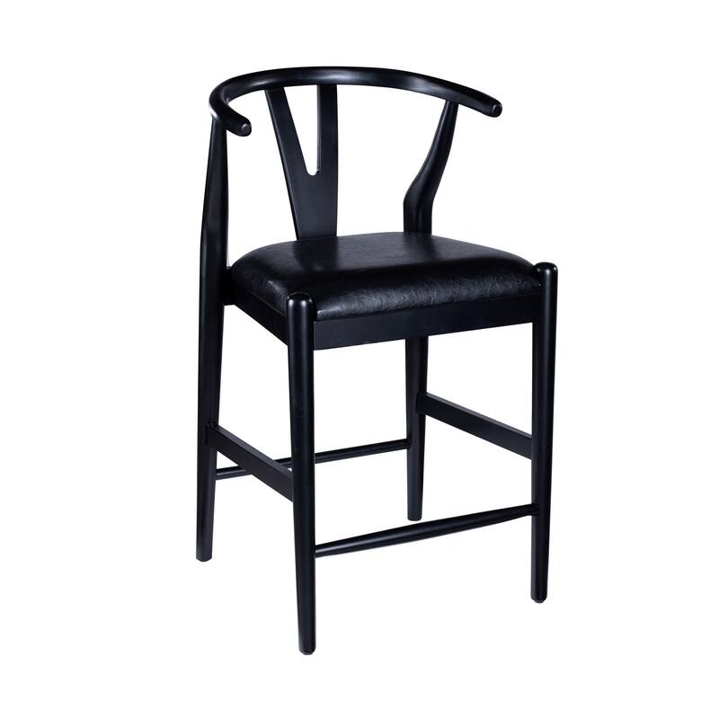 Cera Counter Stool Chair Set of 2, Faux Leather Seat, Black Rubberwood