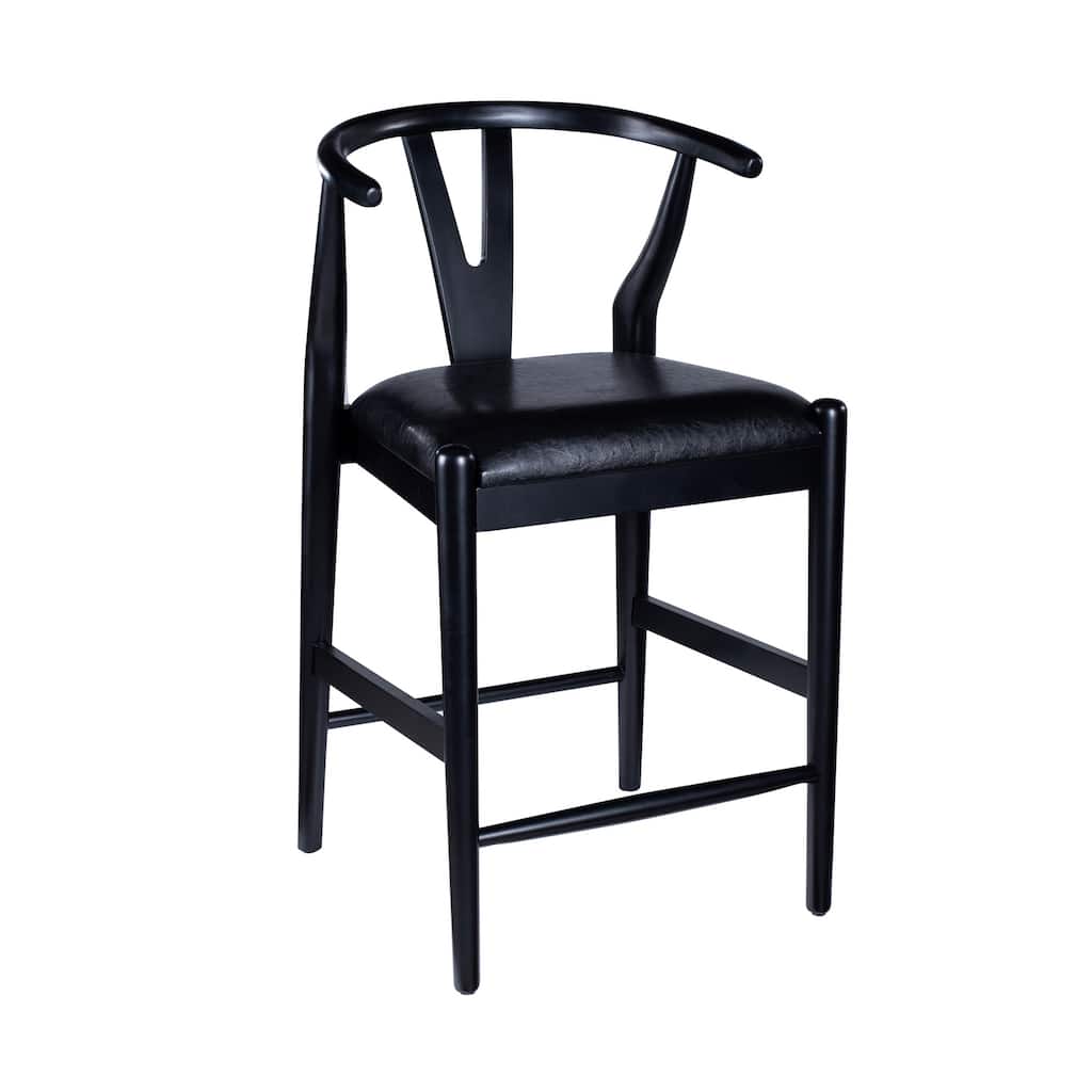 Cera Counter Stool Chair Set of 2, Faux Leather Seat, Black Rubberwood