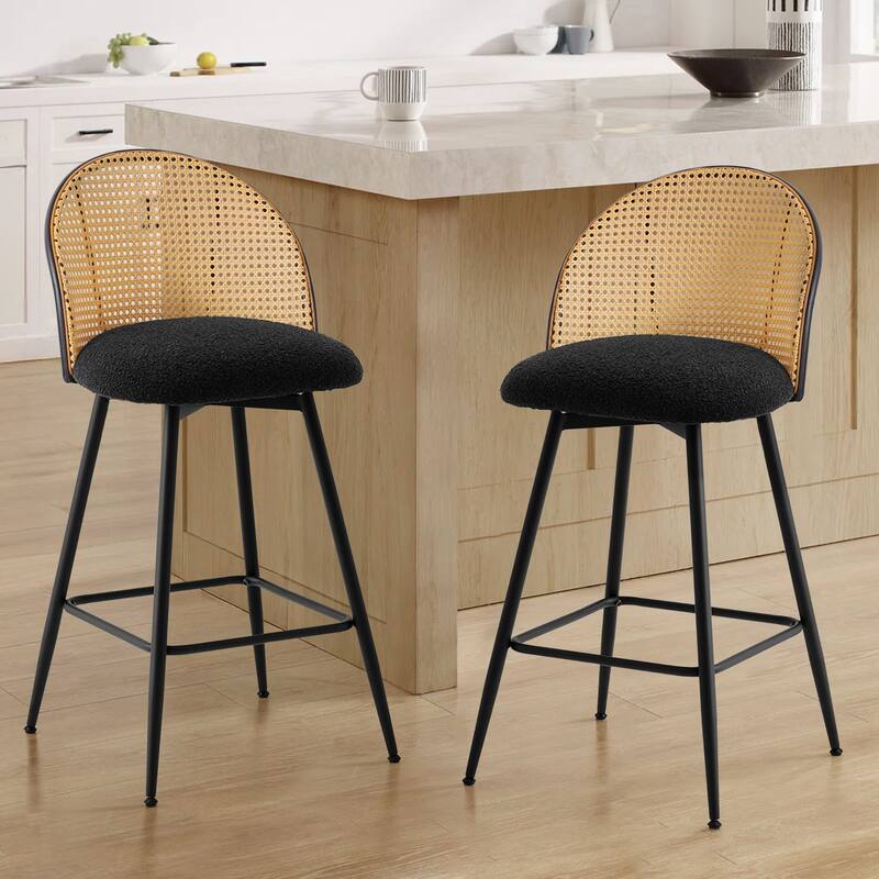 Upholstered Swivel Counter/ Bar Stools with Rattan Back
