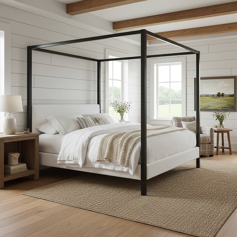 Beecher White Boucle Canopy Queen Bed with Iron Frame