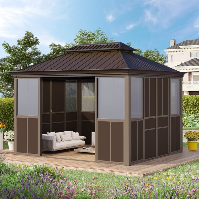 Hardtop Sunroom with Double Steel Roof, Sliding/Lockable Doors & Screens - All-Season Rustproof Aluminum Frame,Advanced Drainage