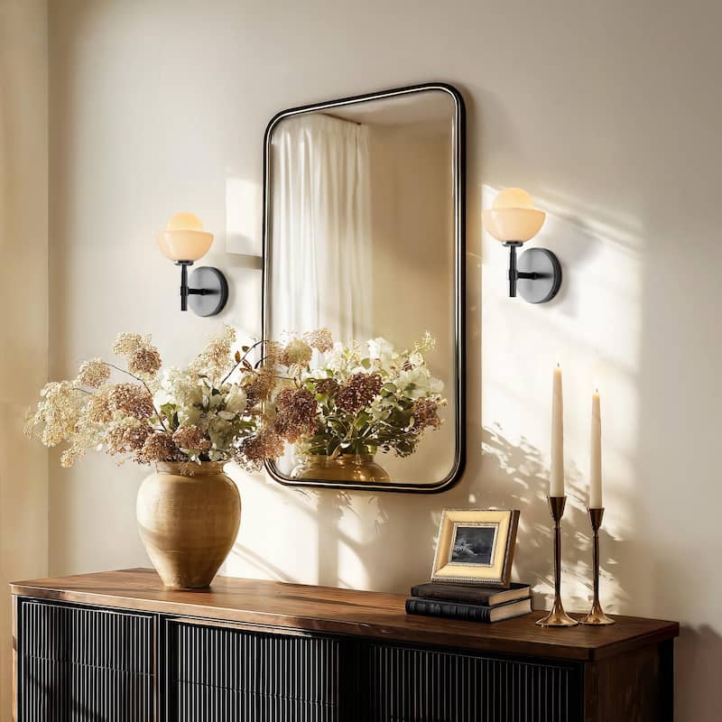 Ariel Armed Sconce - Metal, Glass & Gold, Ivory White 1-Light Wall Sconce for Bathroom or Hallway in Modern, Contemporary Style