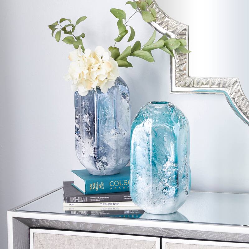 Glass Handmade Blown Vase - Set of 2 Blue - Roche River Decor - 6"W x 6"L x 12"H