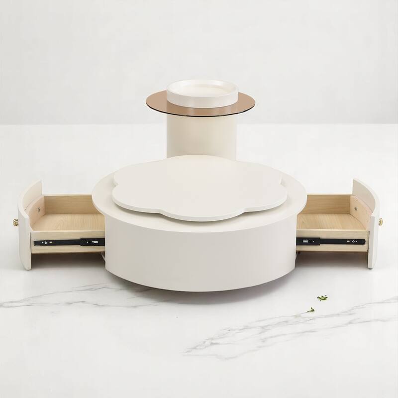 2-Piece Rotating Flower-Shaped Coffee Table Set, Drawers, and Top Circle Side Table End Table with Glass for Living Room