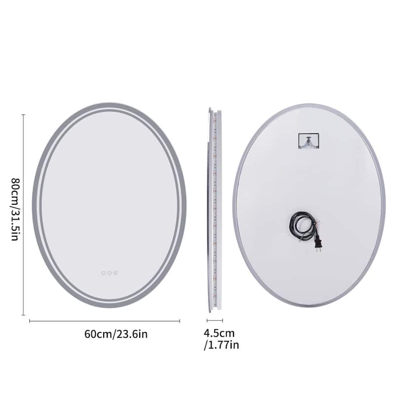 31.5” Oval Wall Backlit Bathroom Mirror Dimmable Makeup Mirror with 3 Lights, Anti-fog - 600x800mm