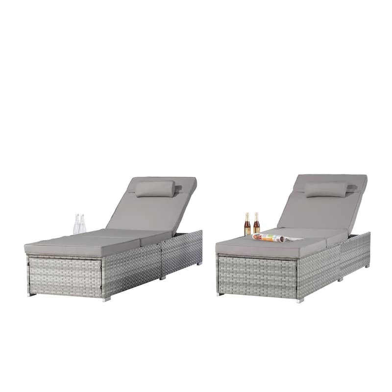 2-Piece Foldable Outdoor Wicker Chaise Lounge Set with Cushions and 5-Position Adjustable Backrest for Poolside Backyard