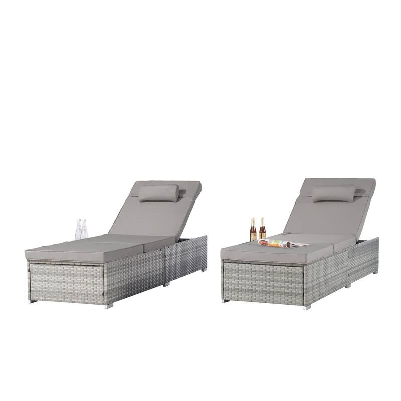 Outdoor Chaise Lounge Chair Set of 2 with Storage Patio Pool Chairs Tanning Lounges for Outside, Beach Rattan Recliners