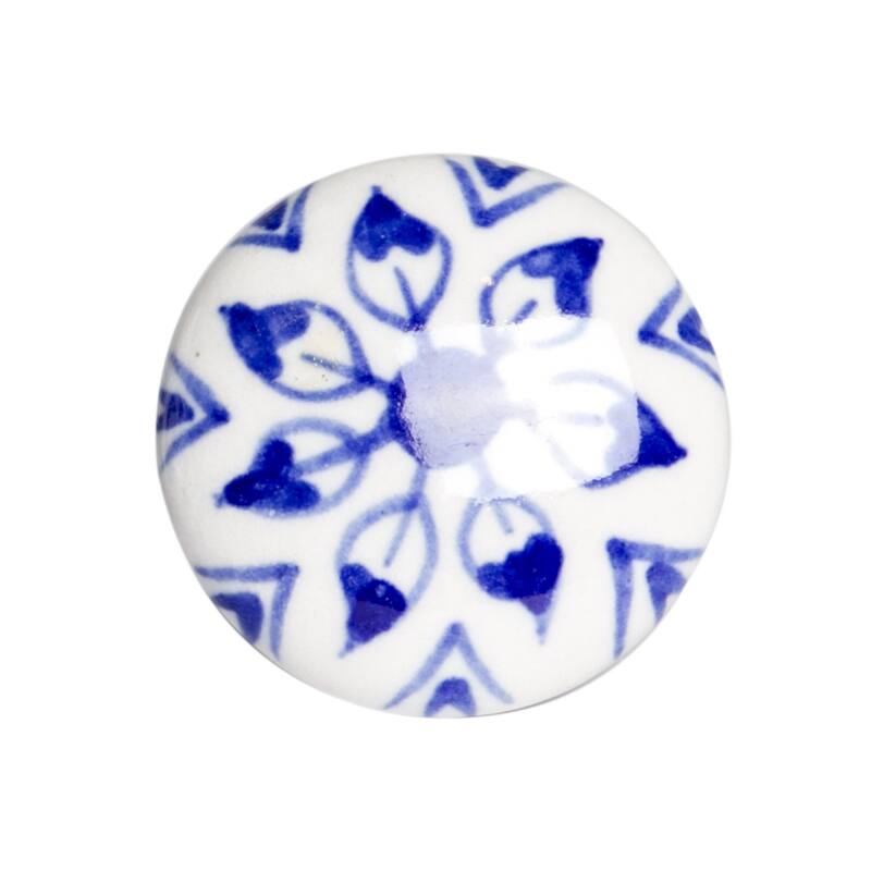 Set of 8 Hand-Painted Blue & White Floral Ceramic Cabinet Knobs Traditional Vintage Drawer Pulls with Metal Base