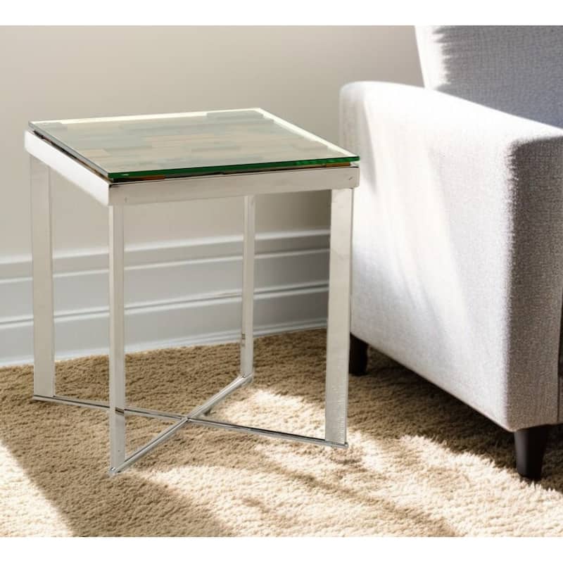 HomeRoots 22" Silver and Brown Reclaimed Wood Glass and Steel Square End Table - 29