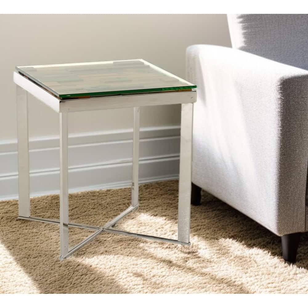 HomeRoots 22" Silver and Brown Reclaimed Wood Glass and Steel Square End Table - 29