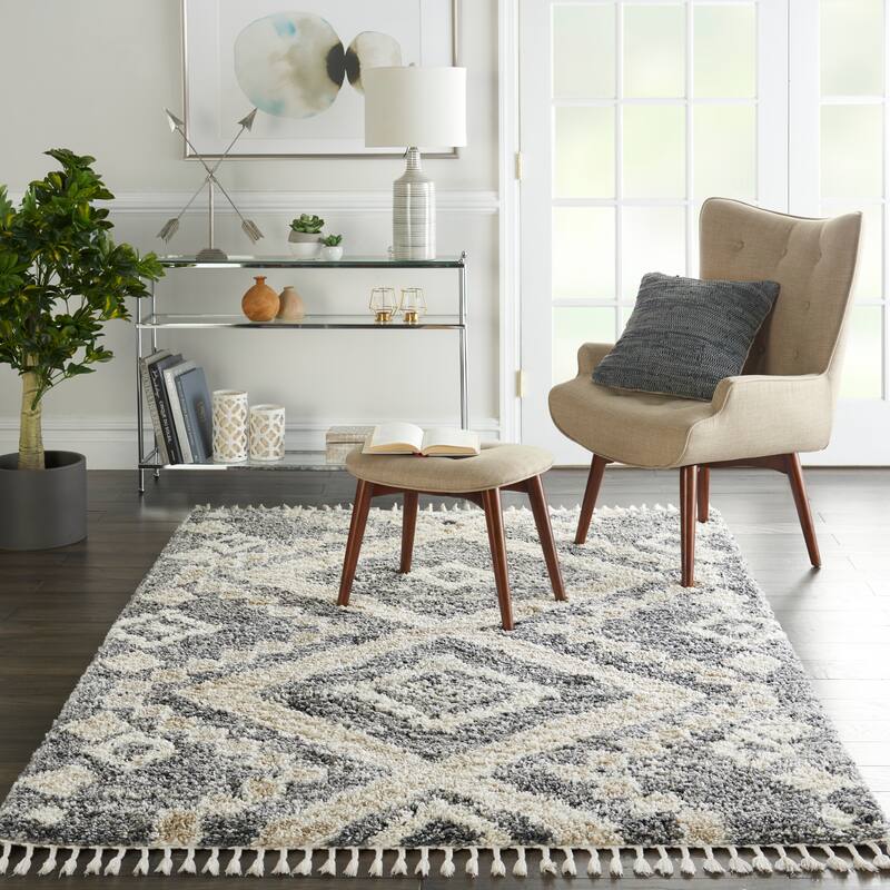Nourison Scandinavian Shag Contemporary Tribal Area Rug - 4' x 6' - Grey/Ivory