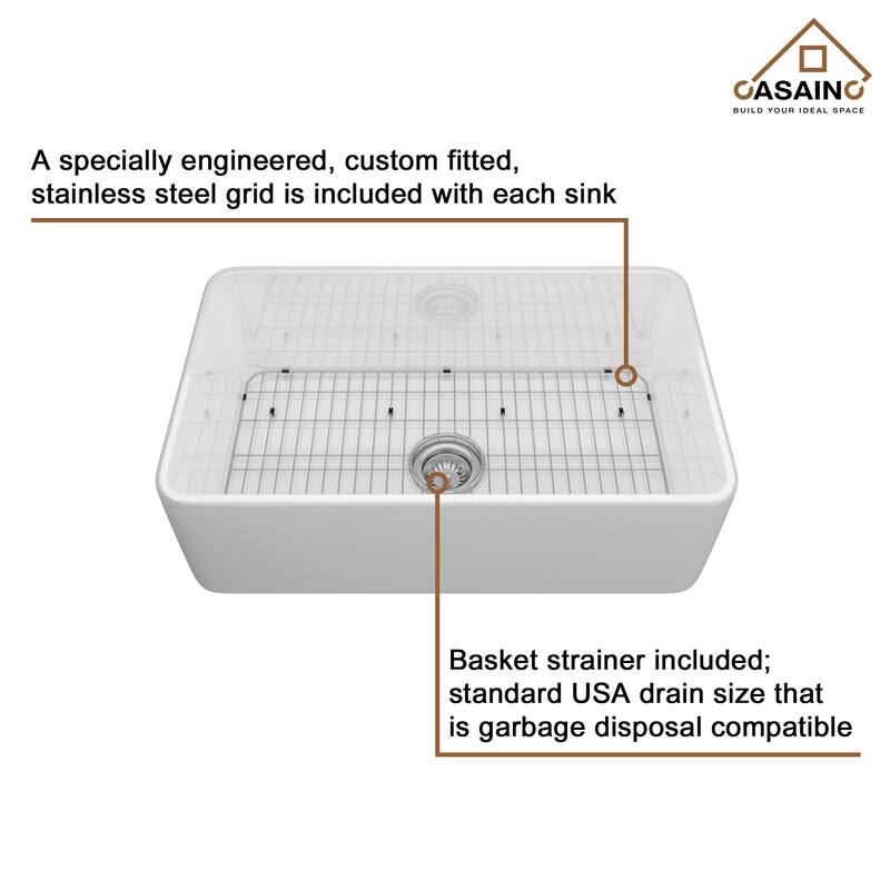 CASAINC Farmhouse/Apron-Front Single Bowl Fireclay Kitchen Sink with Bottom Grid and Strainer, cUPC Certified