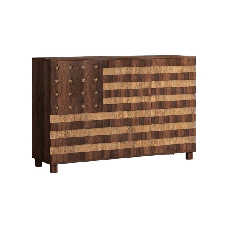 HomeRoots 55" Brown Solid Wood Carved American Flag Accent Cabinet With Three Doors And Two Drawers