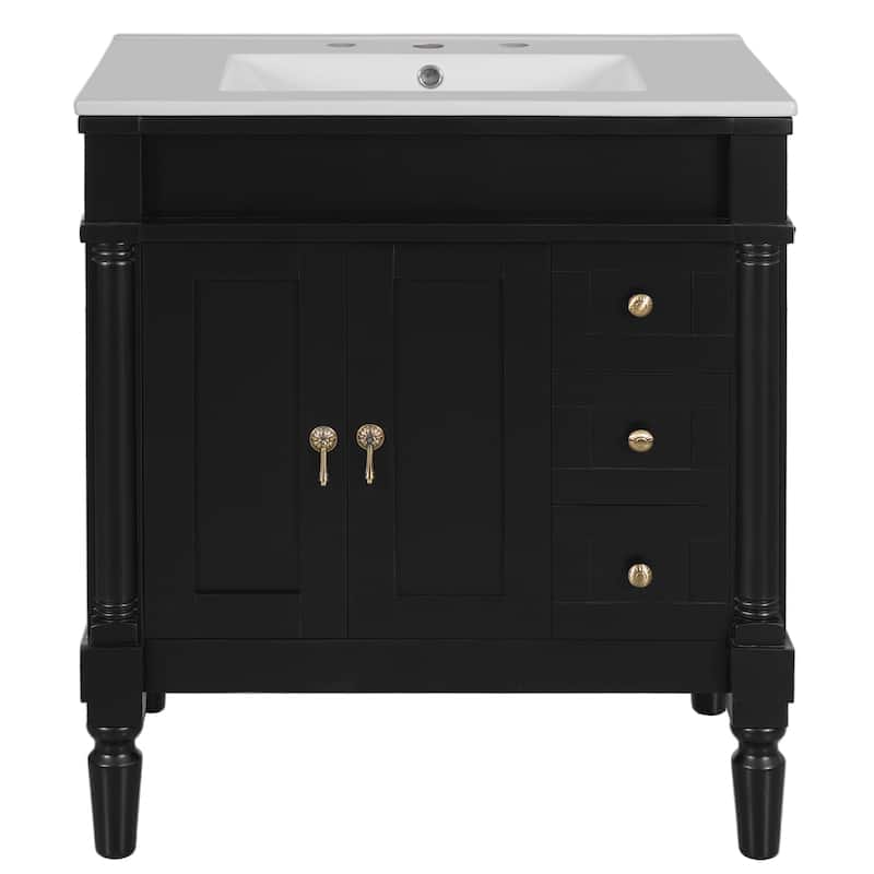 30" Bathroom Vanity with Ceramic Sink Bathroom Storage Cabinet with 3 Drawers and U-Shaped Adjustable Shelf