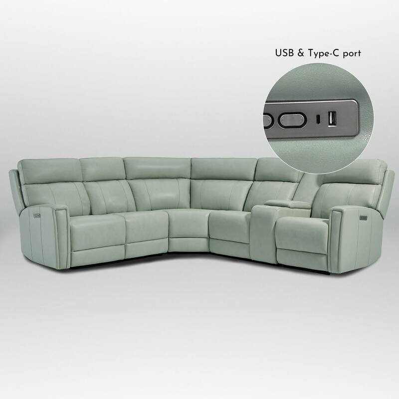 116" W L-Shaped Genuine Leather Power Reclining Sectional Sofa with Console, Ajustable Headrest, USB PortS, 1 Power Armlesschair