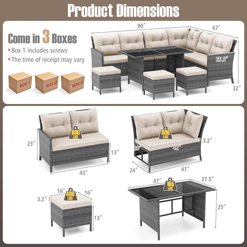 Costway 7 PCS Patio Dining Furniture Set PE Rattan Sectional Sofa Set - See Details