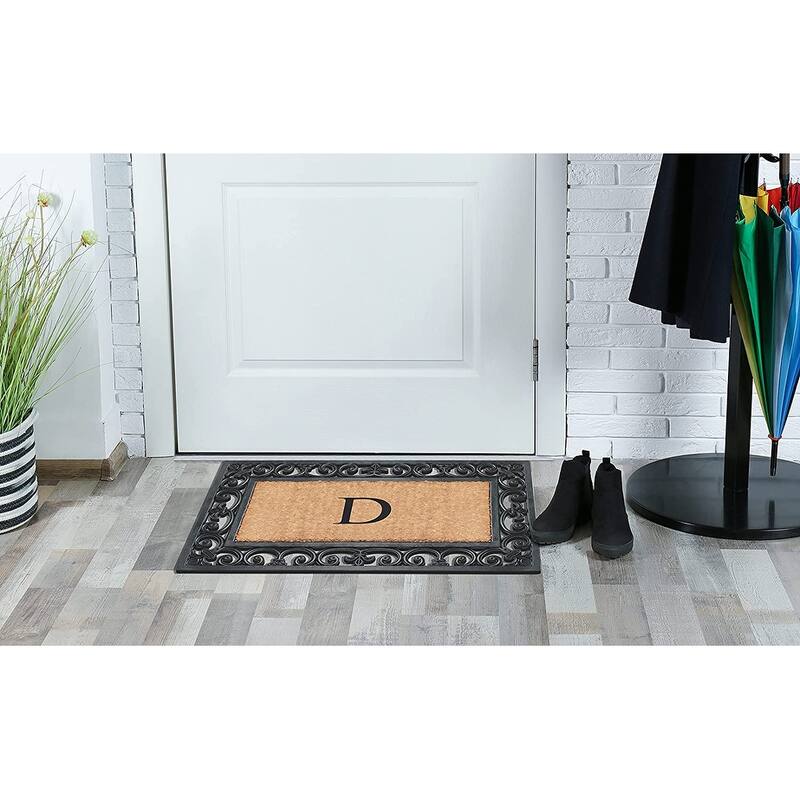 A1HC Rubber and Coir Paisley Border Monogrammed Outdoor Doormat Black, 18"X30"