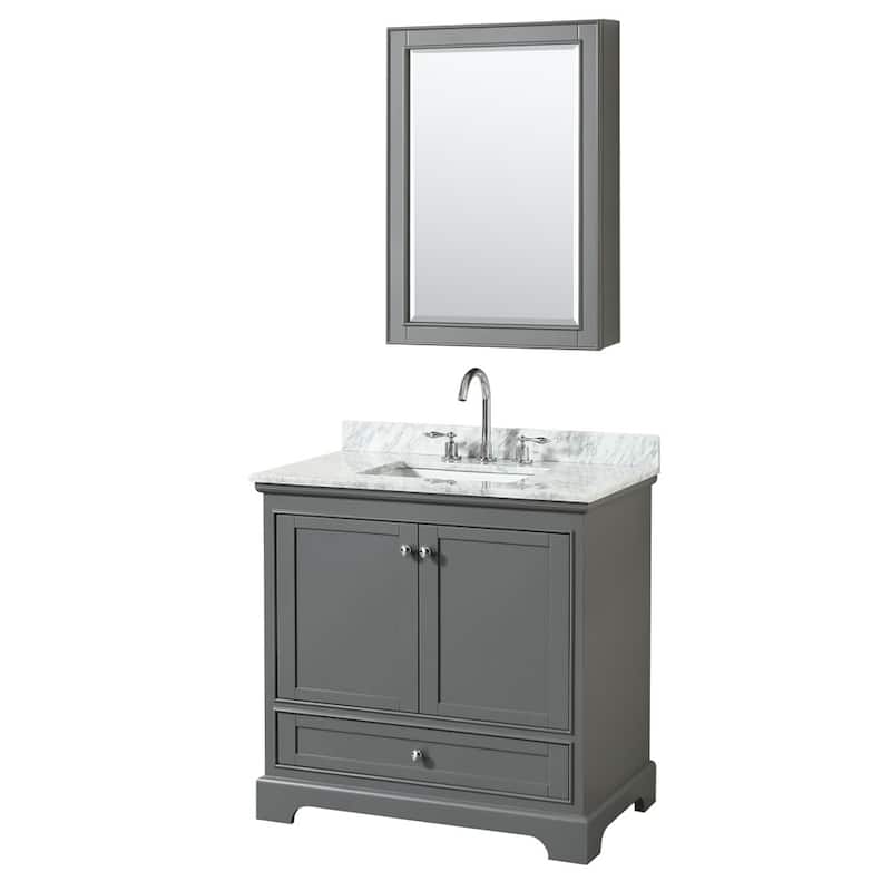 Wyndham Collection Deborah 36" Free Standing Single Vanity Set with - Dark Gray / White Carrara Marble Top / Polished - Steel Finish