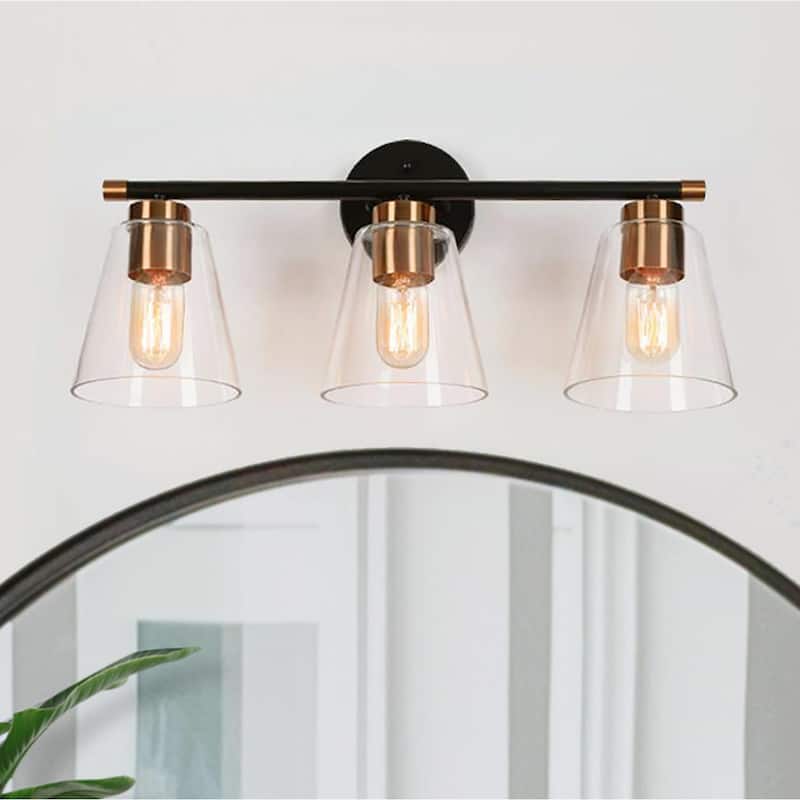 Fnly Modern Farmhouse 3-light Black Gold Bathroom Vanity Light LED Dimmable Cone Sconce with Clear Glass - Black&Gold