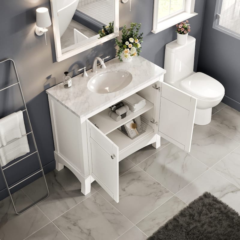 New York 36 in. White SS Bath Vanity with Carrara Marble Top & Undermount Sink