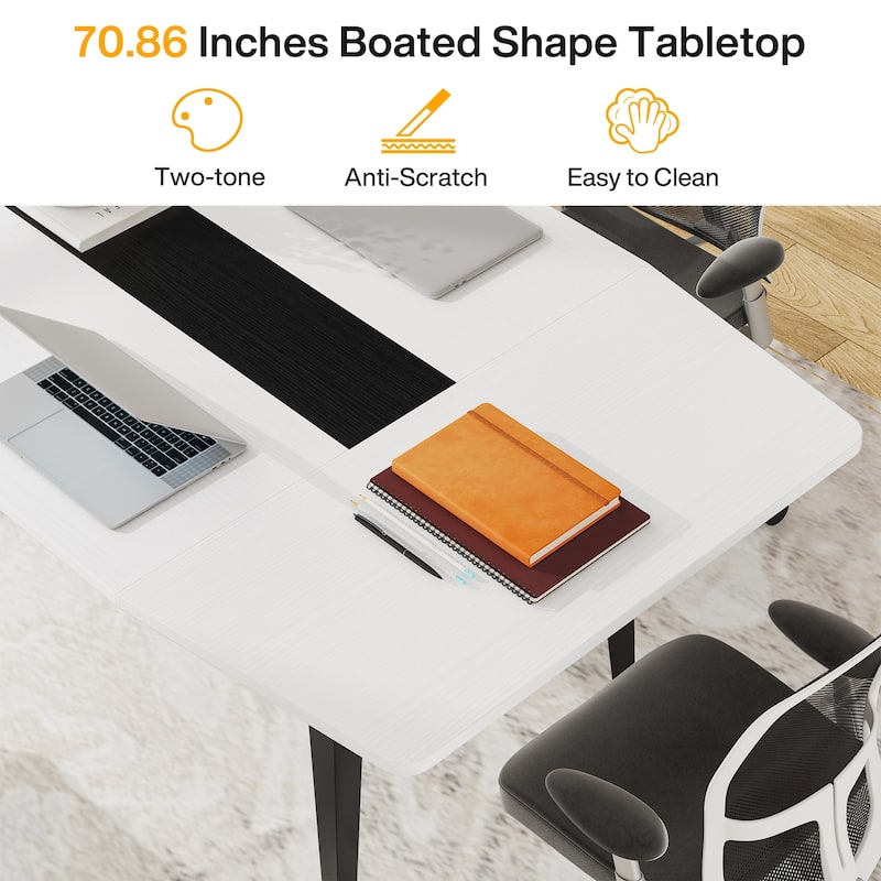 70.86" White Office Desk with Strong Metal Legs, Boat Shpae