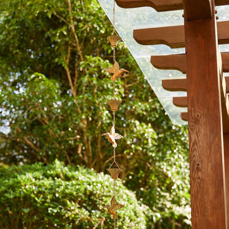 Glitzhome 8.5ft Faux Copper Gold Hummingbirds & Cups Rain Chain with V-Shaped Gutter Clip