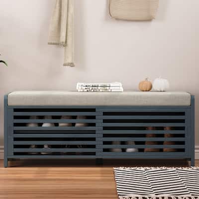 Entryway Bench Storage Shoe Bench w/ Cushion & Sliding Door, Shoe Cabinet Organizer for Living Room, 15.4" W x 43.3" D x 16.5" H