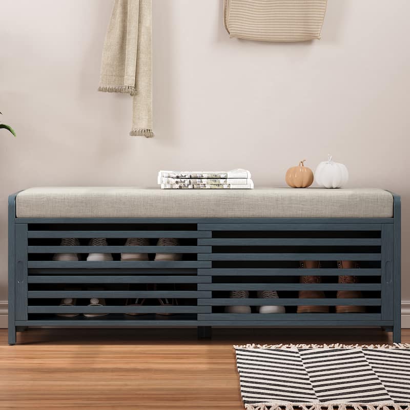 Shoe Storage Bench with Padded Seat Cushion and 2 Sliding Distressed Shutter Doors, Entryway Shoes Bench Storage Ottoman