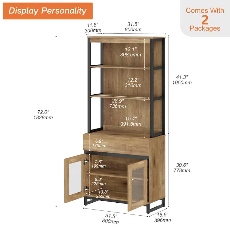 Modern 72" Tall Buffet Sideboard with Drawers and Open Shelves, Storage Cabinet for Dining Room or Kitchen