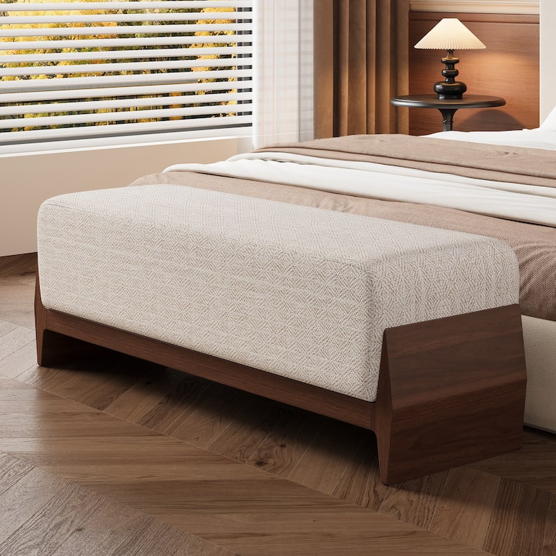 Christopher Knight Home - Julie Modern Rubber Wood Upholstered Bench with Thick Soft Cushion. - Brown+White.