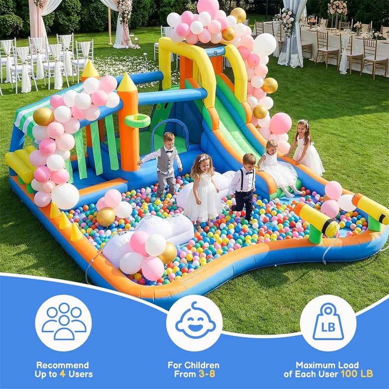 11-In-1 Inflatable Bounce House With Water Slide, Kiosk Theme Water Park For Kids Backyard, 750W Blower Included - N/A