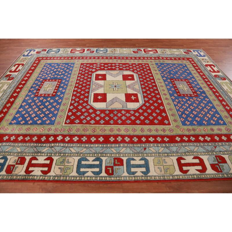 Hand Knotted Oriental 100% Wool Carpet Traditional Geometric Multi-Colored Kazak Area Rug - 11' 4'' X 8' 5''